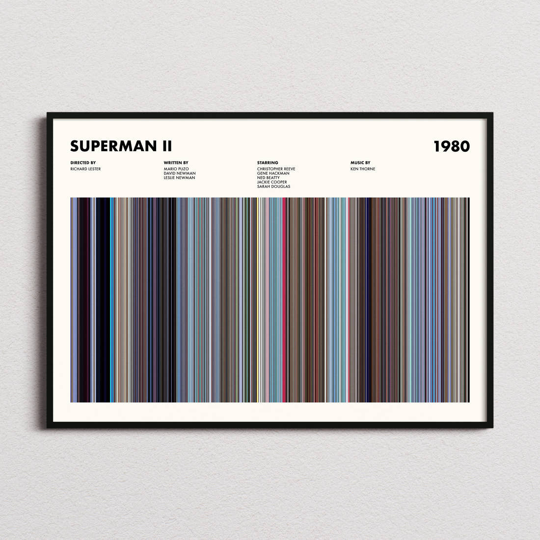 Superman 2 Movie Barcode Poster framed and photographed straight on