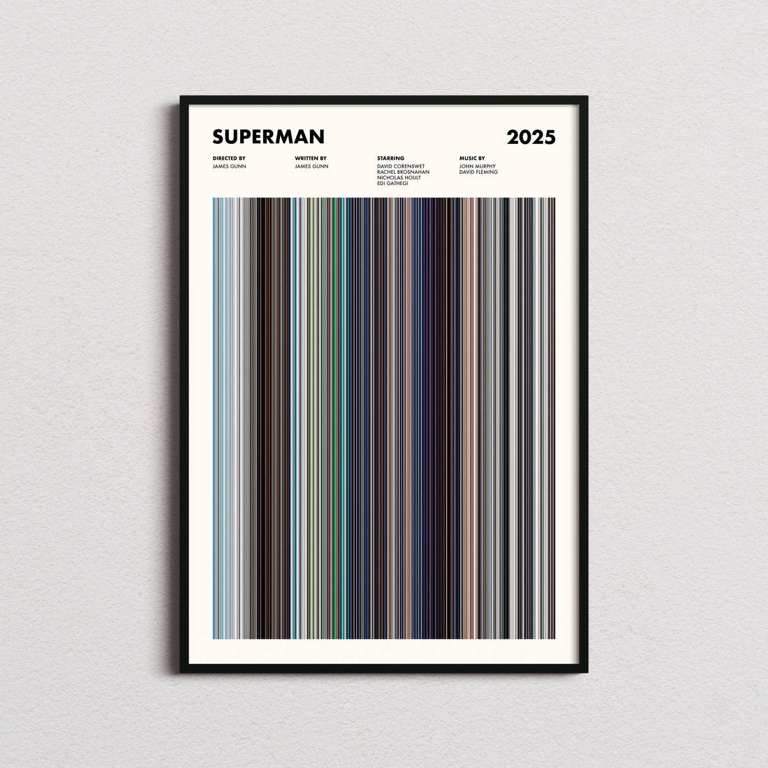 Superman (2025) Movie Barcode Poster framed on a plain studio wall