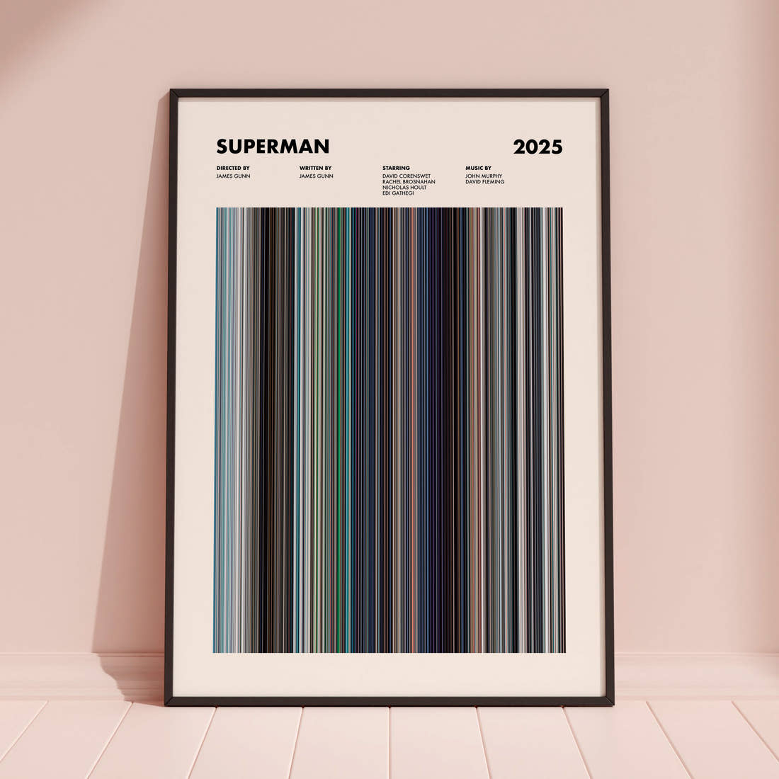 Superman (2025) Movie Barcode Poster framed and leaning against a coloured wall