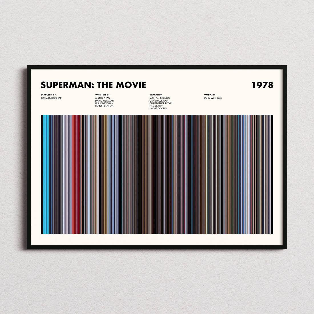 Superman Movie Barcode Poster framed and photographed straight on
