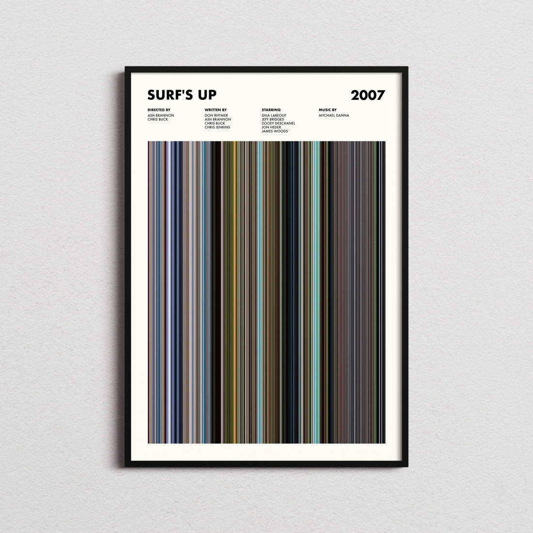 Surf's Up Movie Barcode Poster framed on a plain studio wall