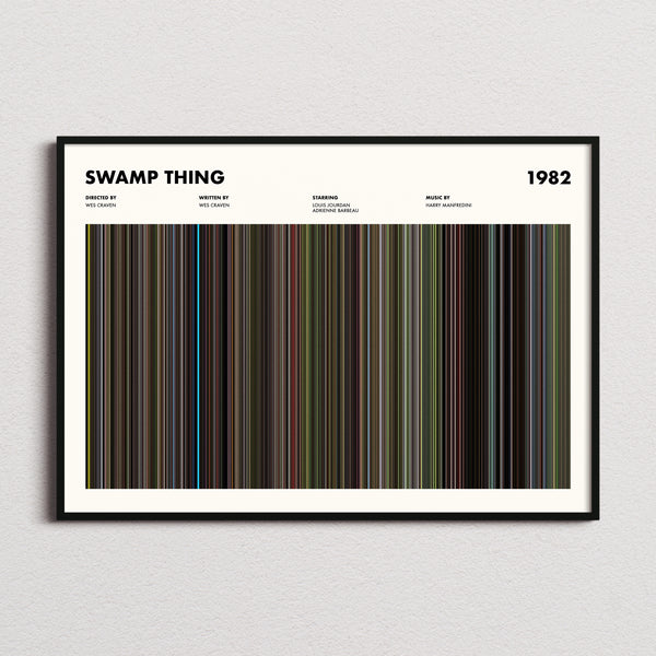 Swamp Thing Movie Barcode Poster framed and photographed straight on
