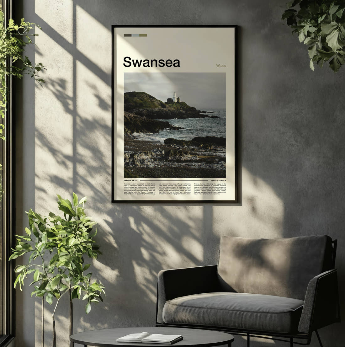 Swansea Mumbles Lighthouse Travel Print framed on the wall of a relaxed living room