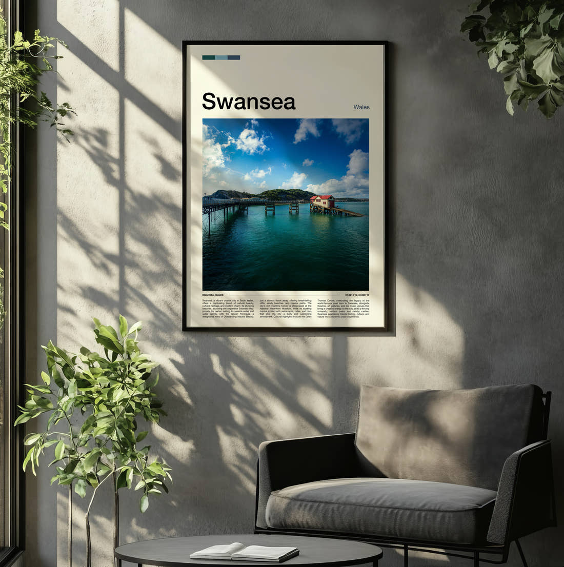 Swansea Mumbles Pier Travel Print framed on the wall of a relaxed living room