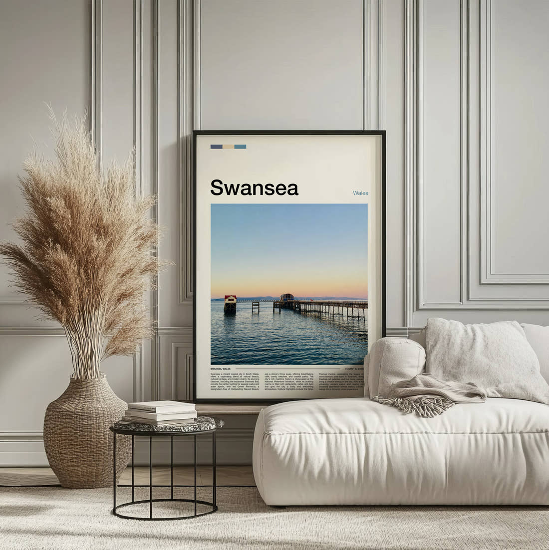 Swansea Pier At Sunset Travel Print framed on the wall of a calm, neutral bedroom