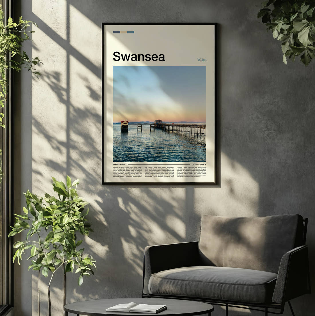 Swansea Pier At Sunset Travel Print framed on the wall of a relaxed living room