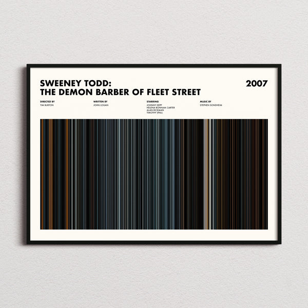 Sweeney Todd: The Demon Barber of Fleet Street Movie Barcode Poster framed and photographed straight on