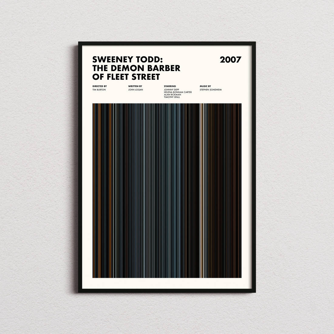 Sweeney Todd: The Demon Barber of Fleet Street Movie Barcode Poster framed on a plain studio wall