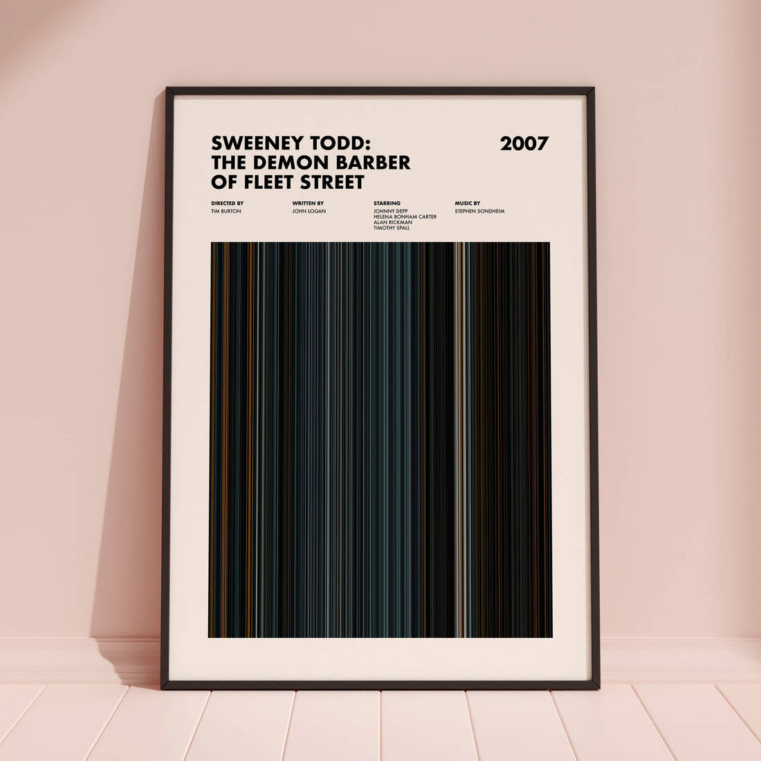 Sweeney Todd: The Demon Barber of Fleet Street Movie Barcode Poster framed and leaning against a coloured wall