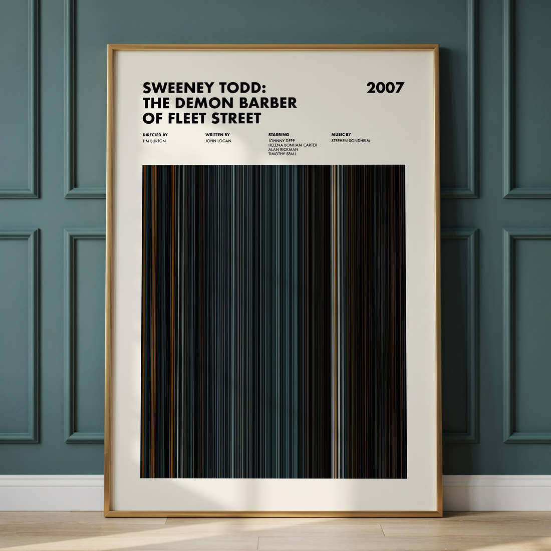 Sweeney Todd: The Demon Barber of Fleet Street Movie Barcode Poster framed and leaning against a panelled wall