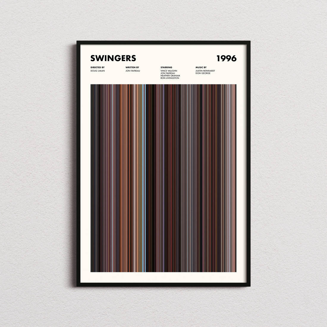 Swingers Movie Barcode Poster framed on a plain studio wall