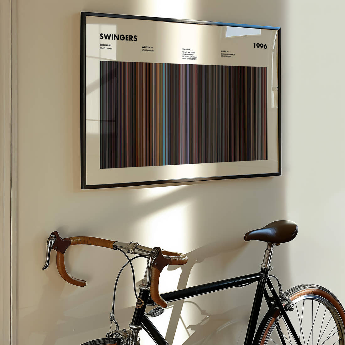 Swingers Movie Barcode Poster framed on the wall of a styled room setting