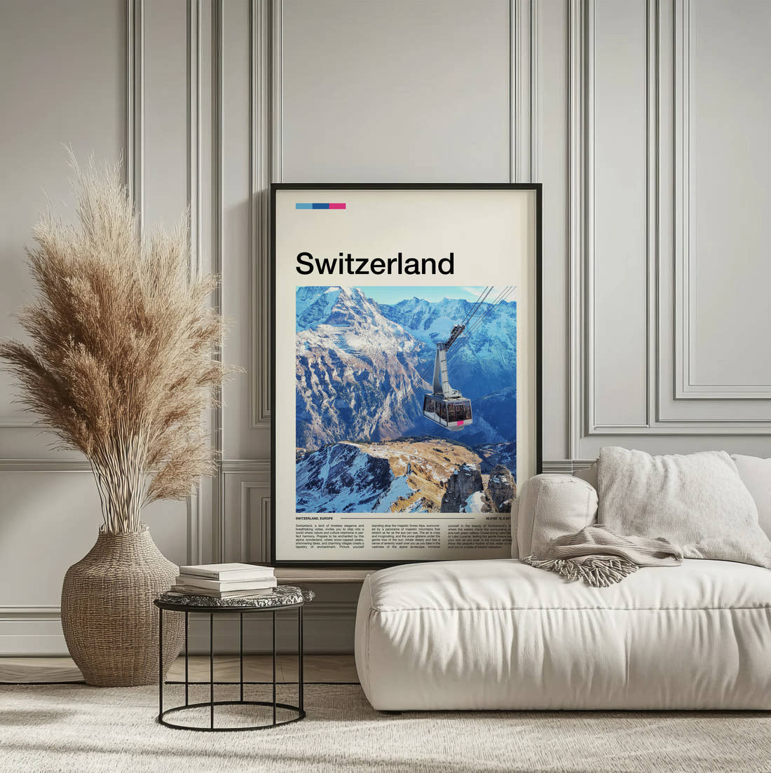 Switzerland Cable Car Travel Print framed on the wall of a calm, neutral bedroom