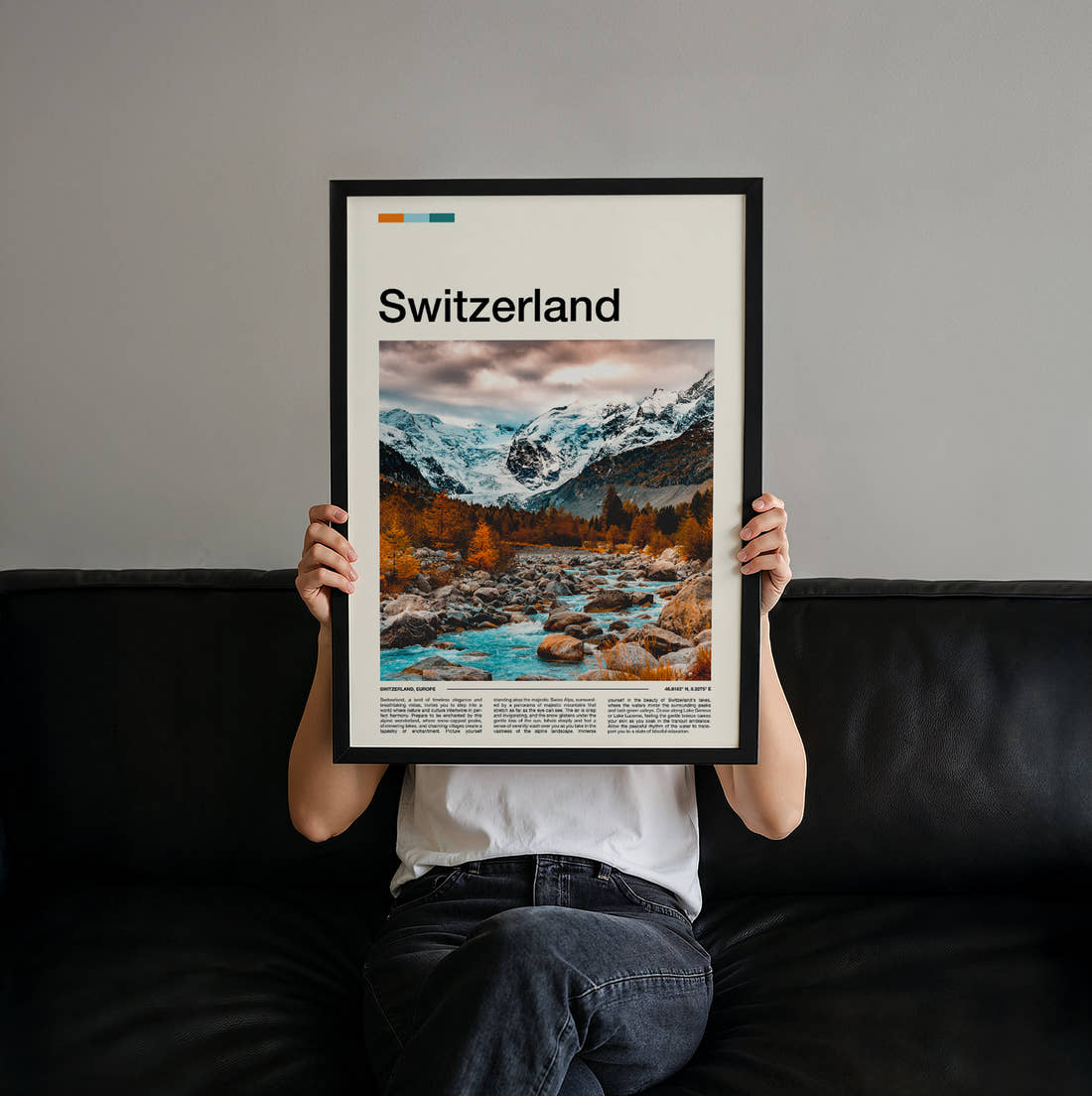 Switzerland Autumn Mountain River Travel Print held up by hand to show the size of the print