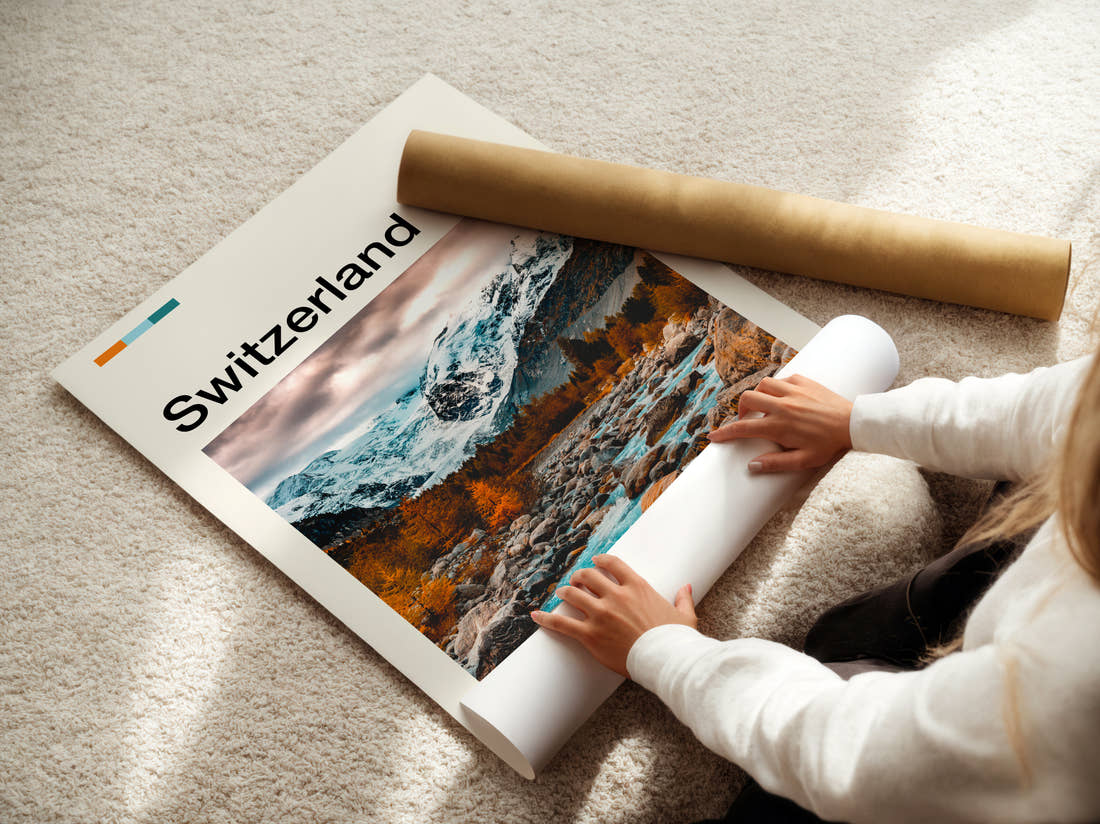 Switzerland Autumn Mountain River Travel Print being unrolled from its postal tube