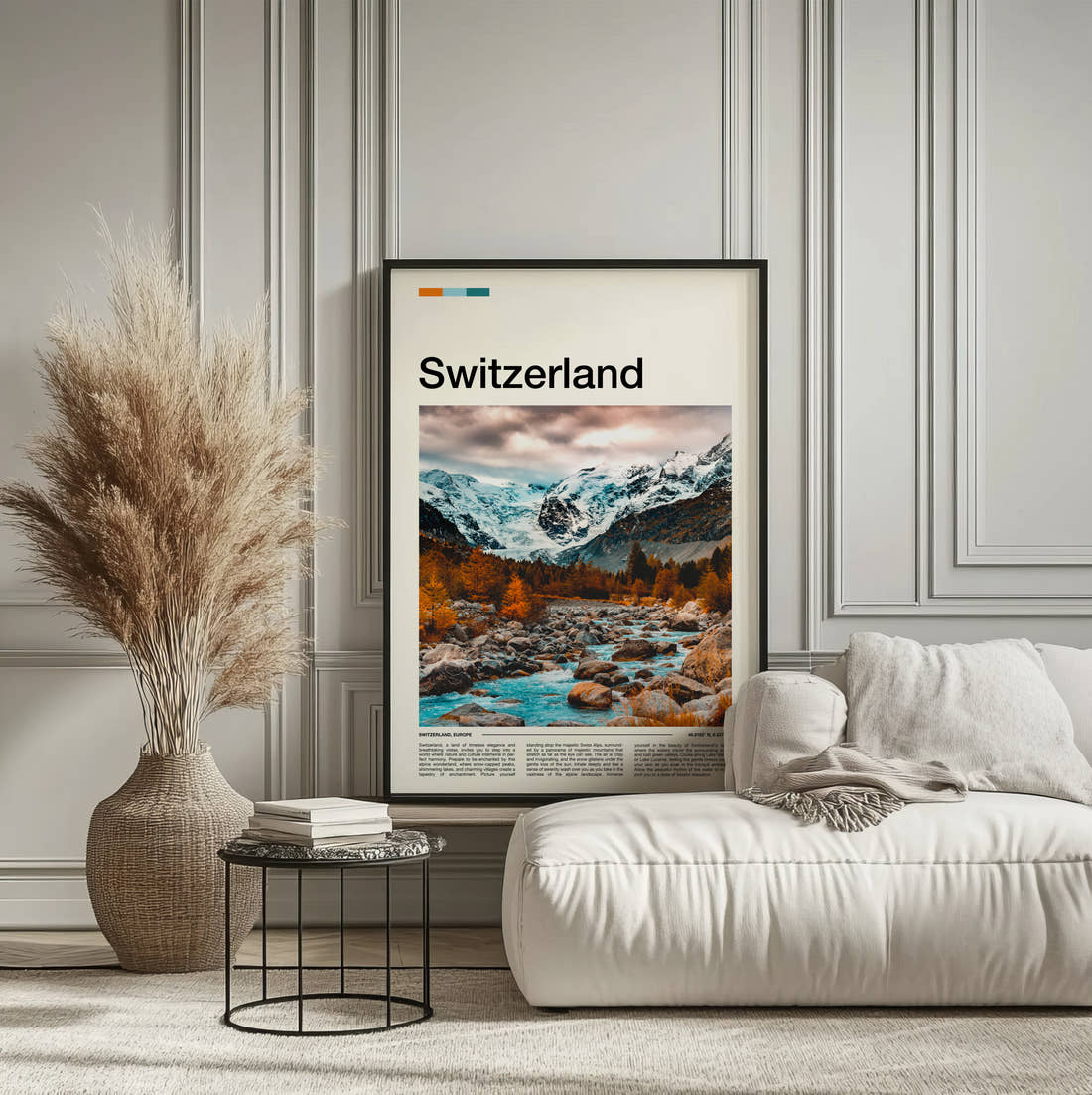 Switzerland Autumn Mountain River Travel Print framed on the wall of a calm, neutral bedroom