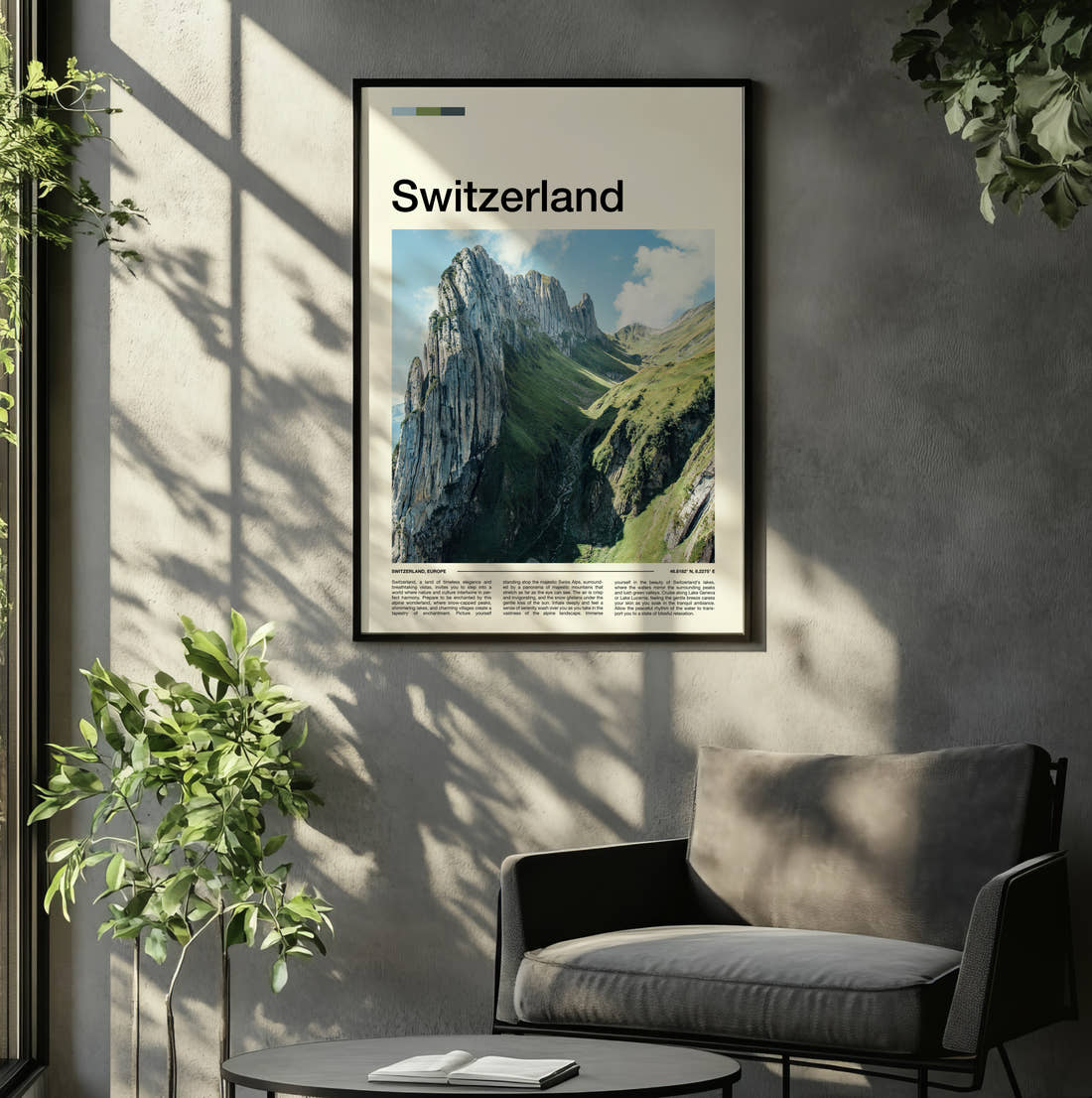 Switzerland Mountain Ridge Travel Print framed on the wall of a relaxed living room