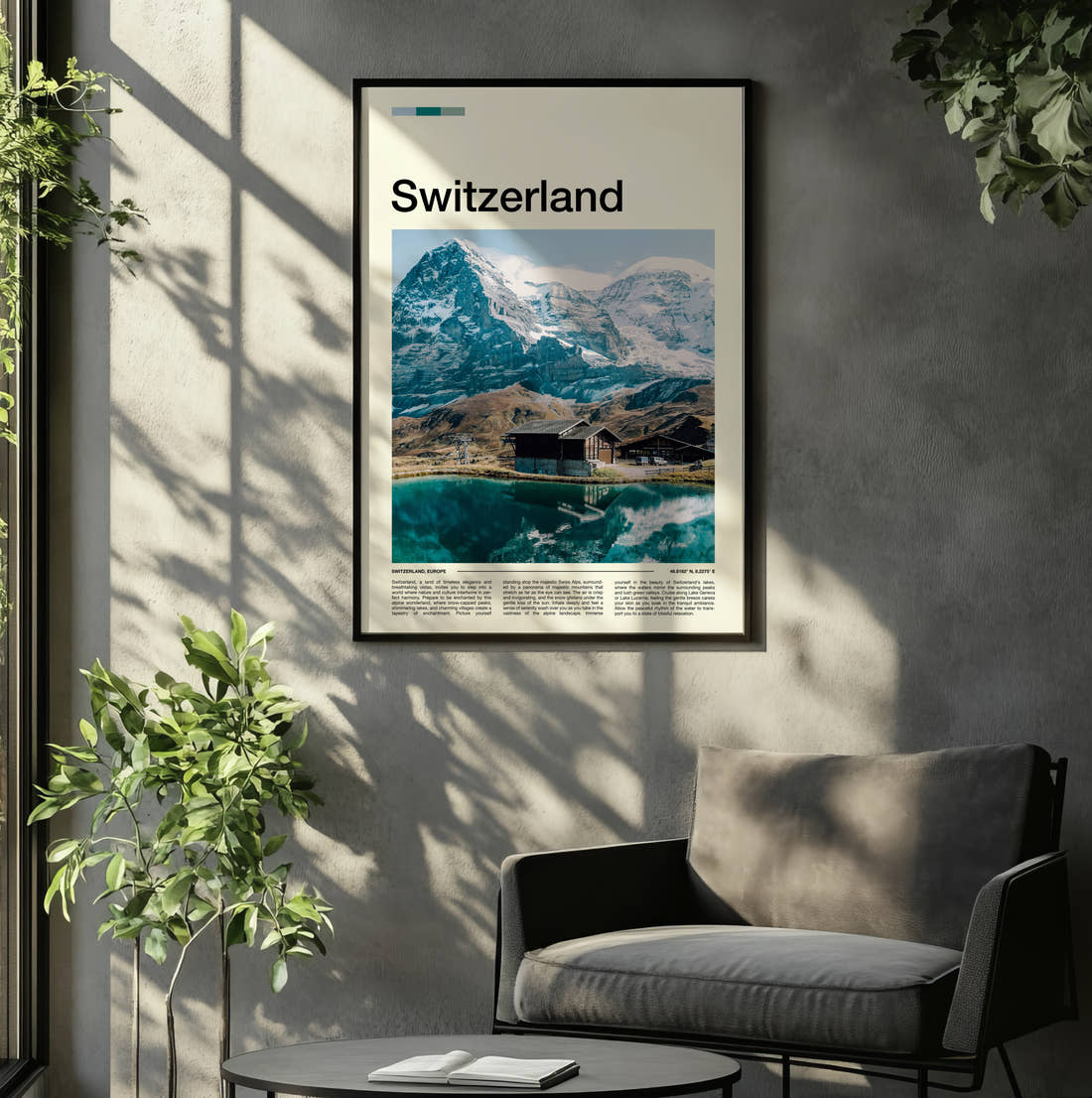 Switzerland Alpine Lake And Chalets Travel Print framed on the wall of a relaxed living room