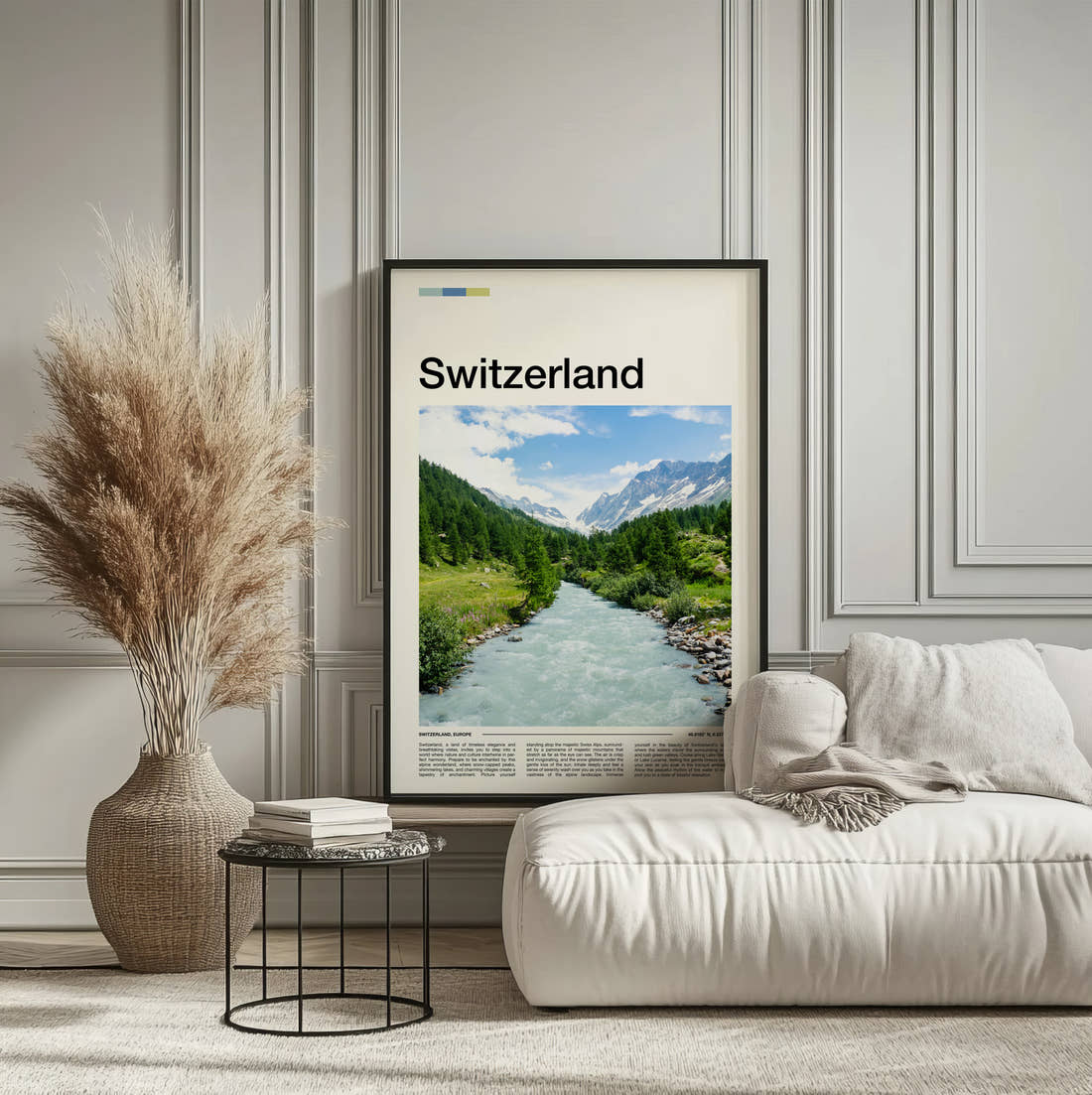Switzerland Glacial River Valley Travel Print framed on the wall of a calm, neutral bedroom