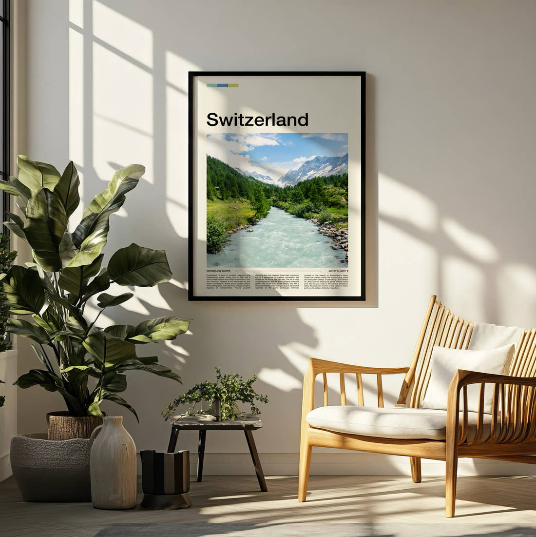 Switzerland Glacial River Valley Travel Print framed on a pale wall beside houseplants