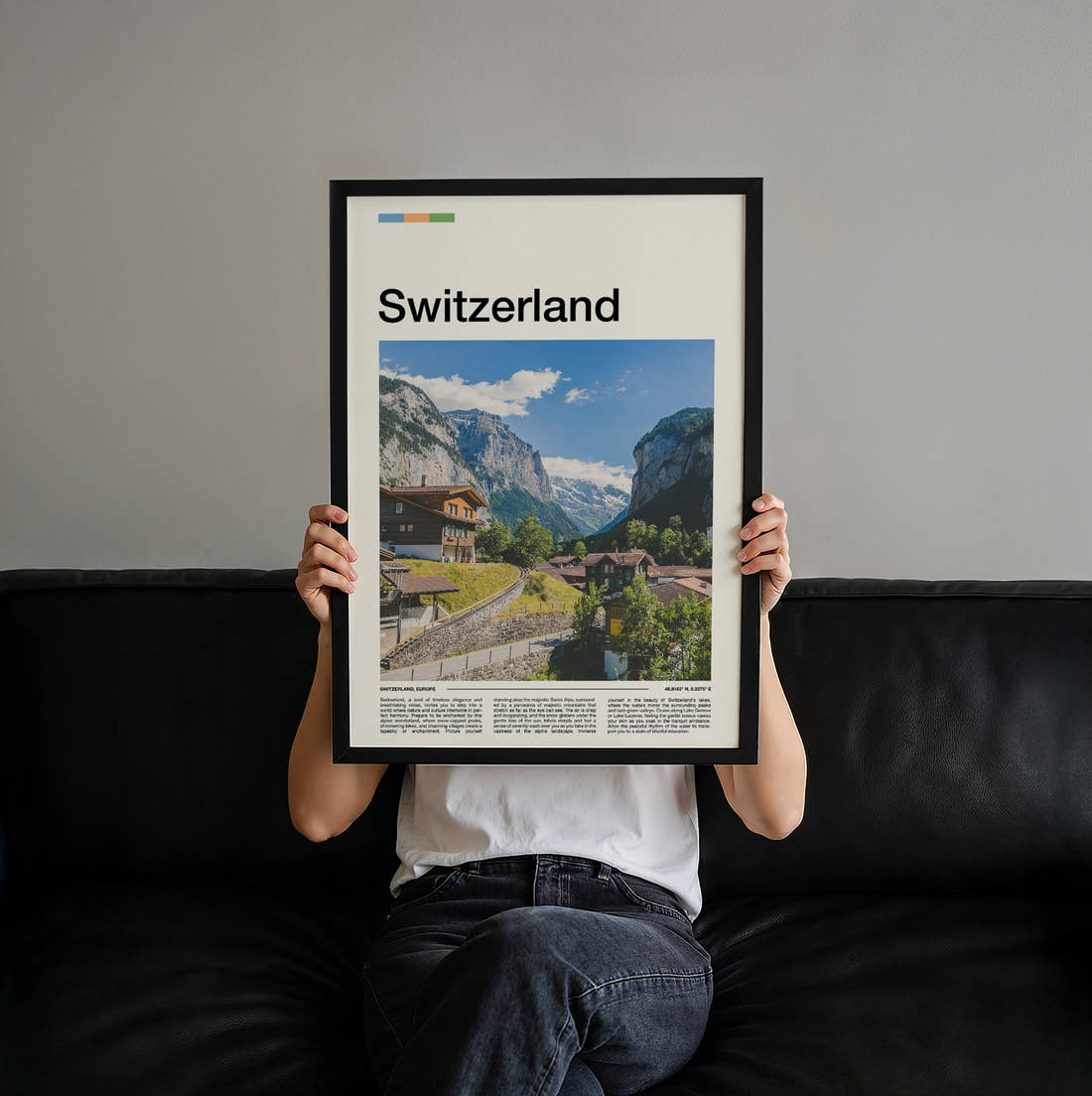 Switzerland Alpine Valley Village Travel Print held up by hand to show the size of the print