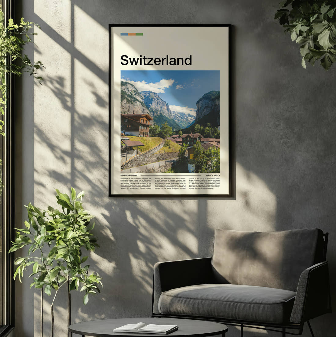 Switzerland Alpine Valley Village Travel Print framed on the wall of a relaxed living room