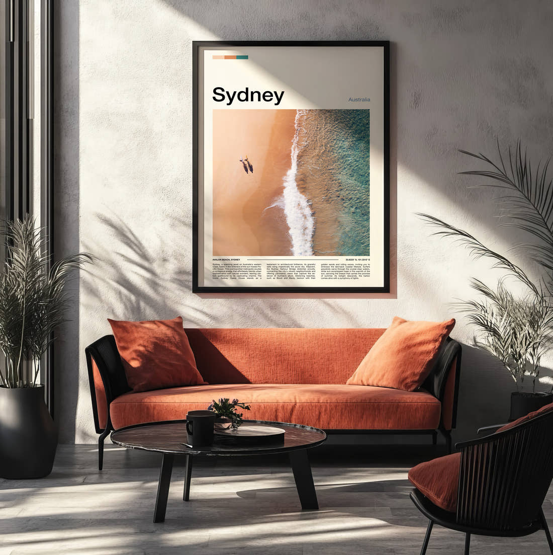 Sydney Aerial Beach View Travel Print framed on the wall of a modern living room