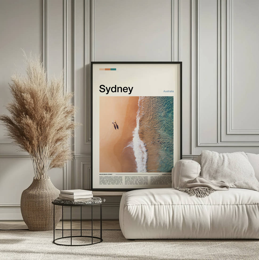 Sydney Aerial Beach View Travel Print framed on the wall of a calm, neutral bedroom