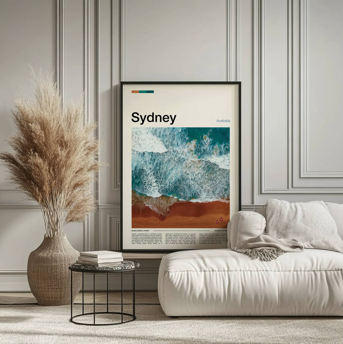 Sydney Aerial Waves On Sand Travel Print framed on the wall of a calm, neutral bedroom