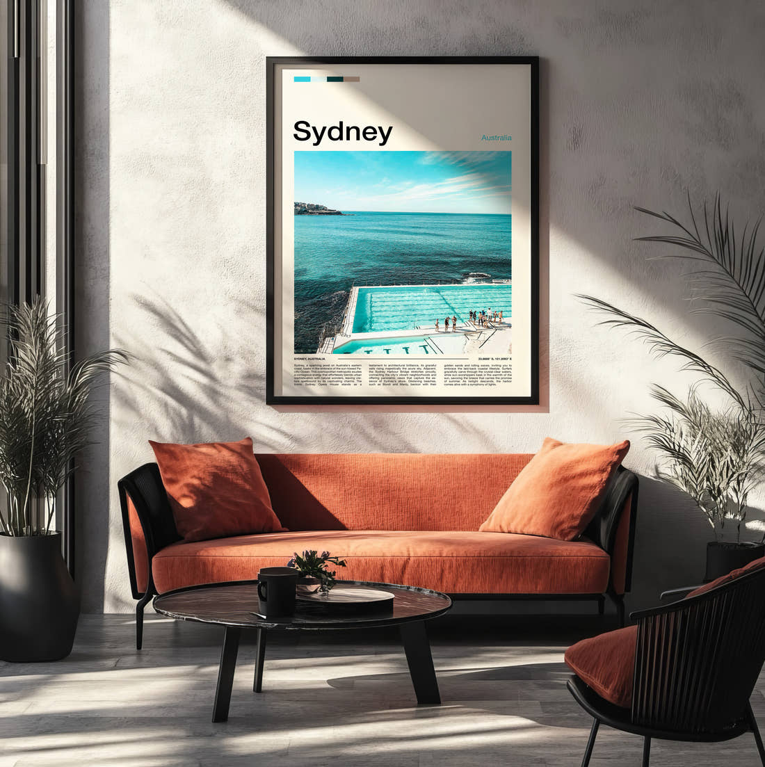 Sydney Bondi Icebergs Pool Travel Print framed on the wall of a modern living room
