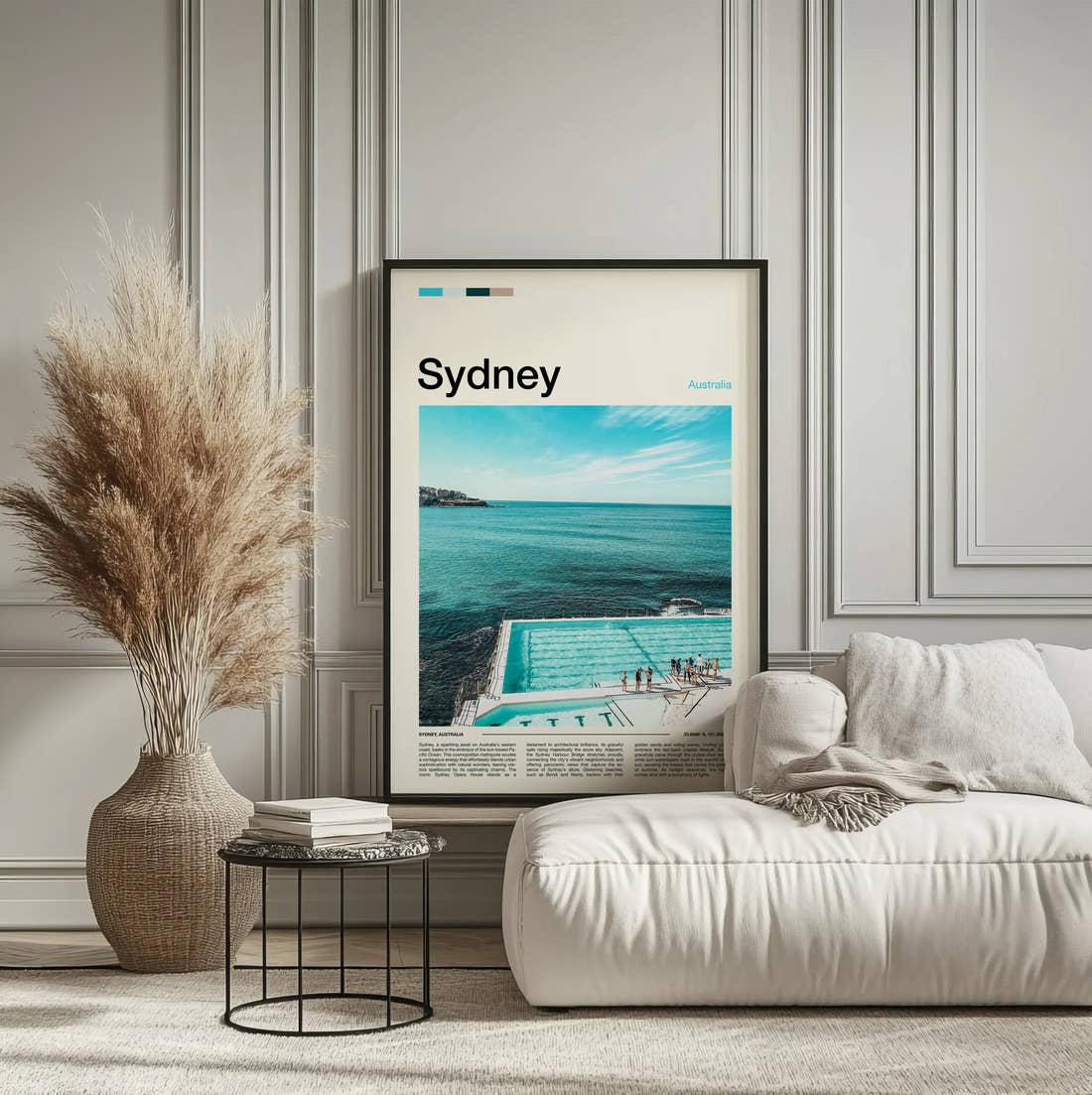 Sydney Bondi Icebergs Pool Travel Print framed on the wall of a calm, neutral bedroom