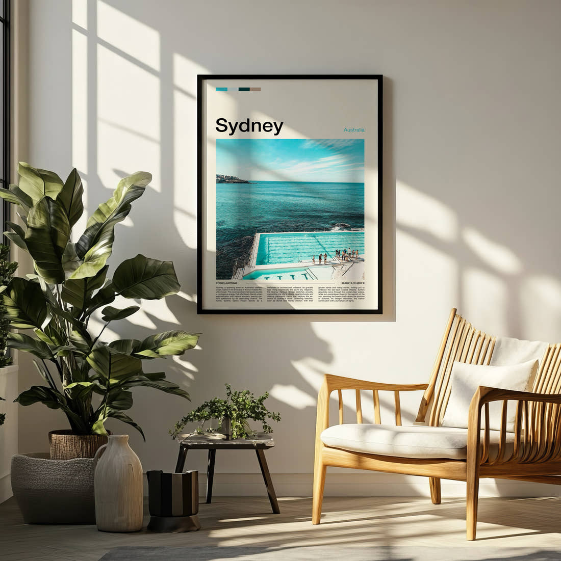 Sydney Bondi Icebergs Pool Travel Print framed on a pale wall beside houseplants