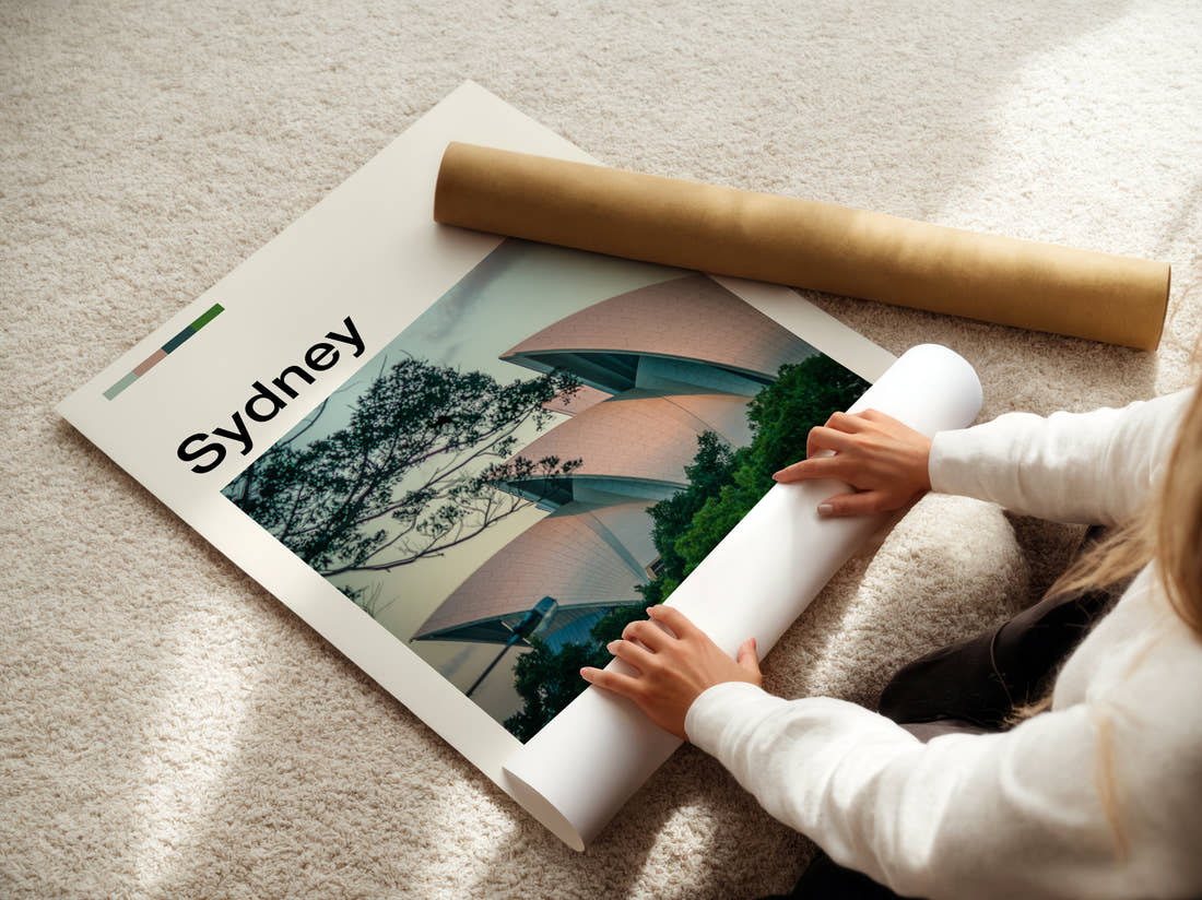 Sydney Opera House Travel Print being unrolled from its postal tube