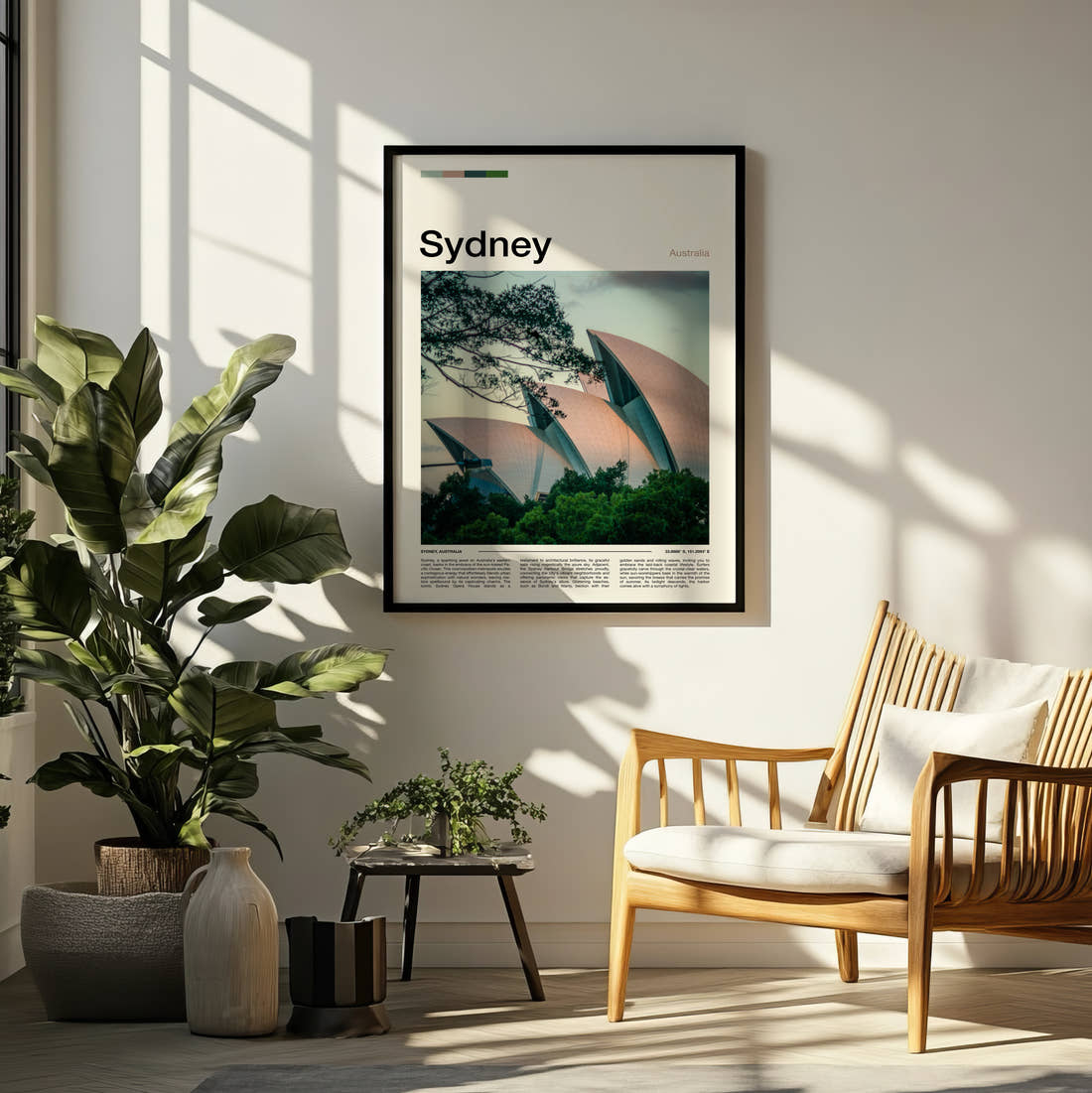 Sydney Opera House Travel Print framed on a pale wall beside houseplants