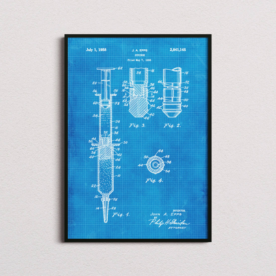 Syringe Patent Print in the blueprint colourway, framed