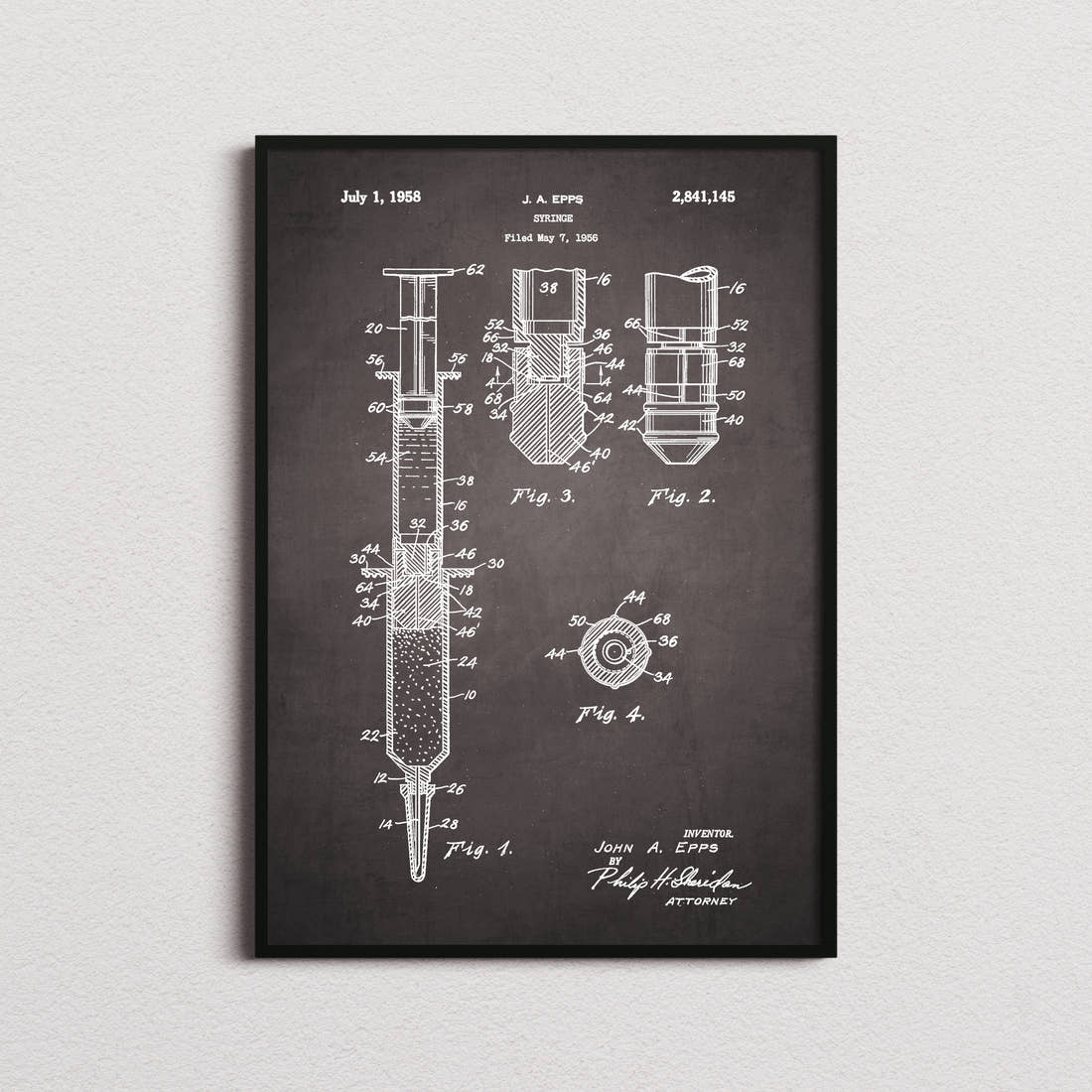 Syringe Patent Print in the blackboard colourway, framed