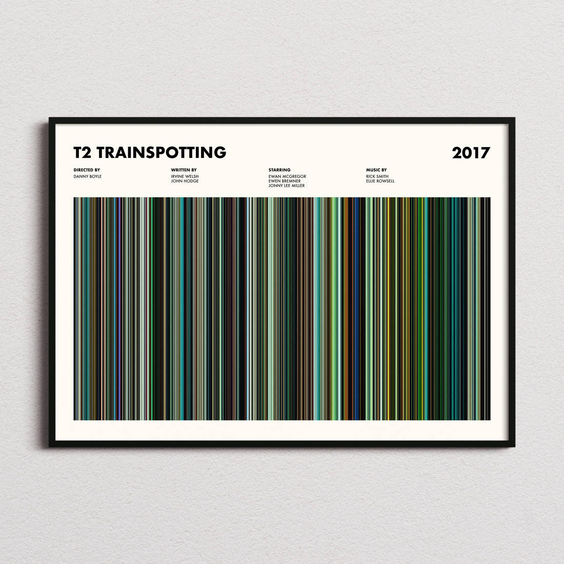 T2 Trainspotting Movie Barcode Poster framed and photographed straight on