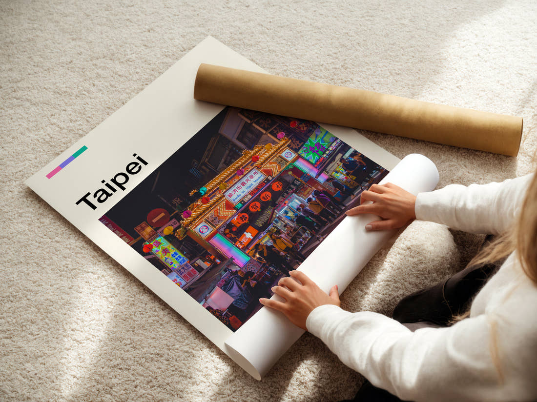Taipei Raohe Street Night Market Travel Print being unrolled from its postal tube