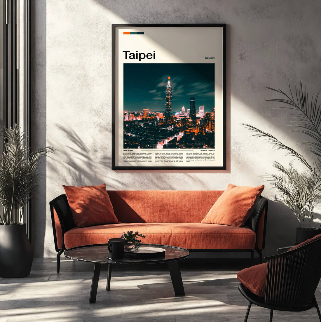 Taipei Taipei 101 Travel Print framed on the wall of a modern living room