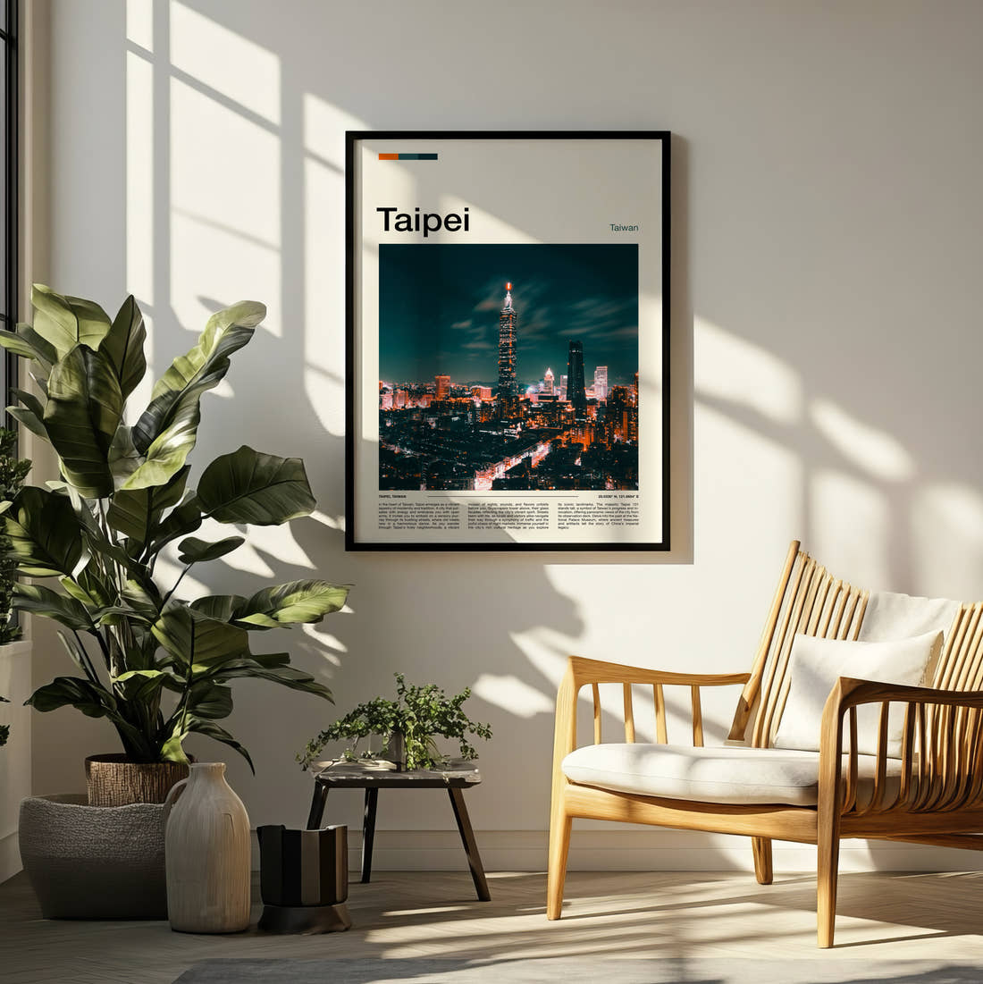 Taipei Taipei 101 Travel Print framed on a pale wall beside houseplants