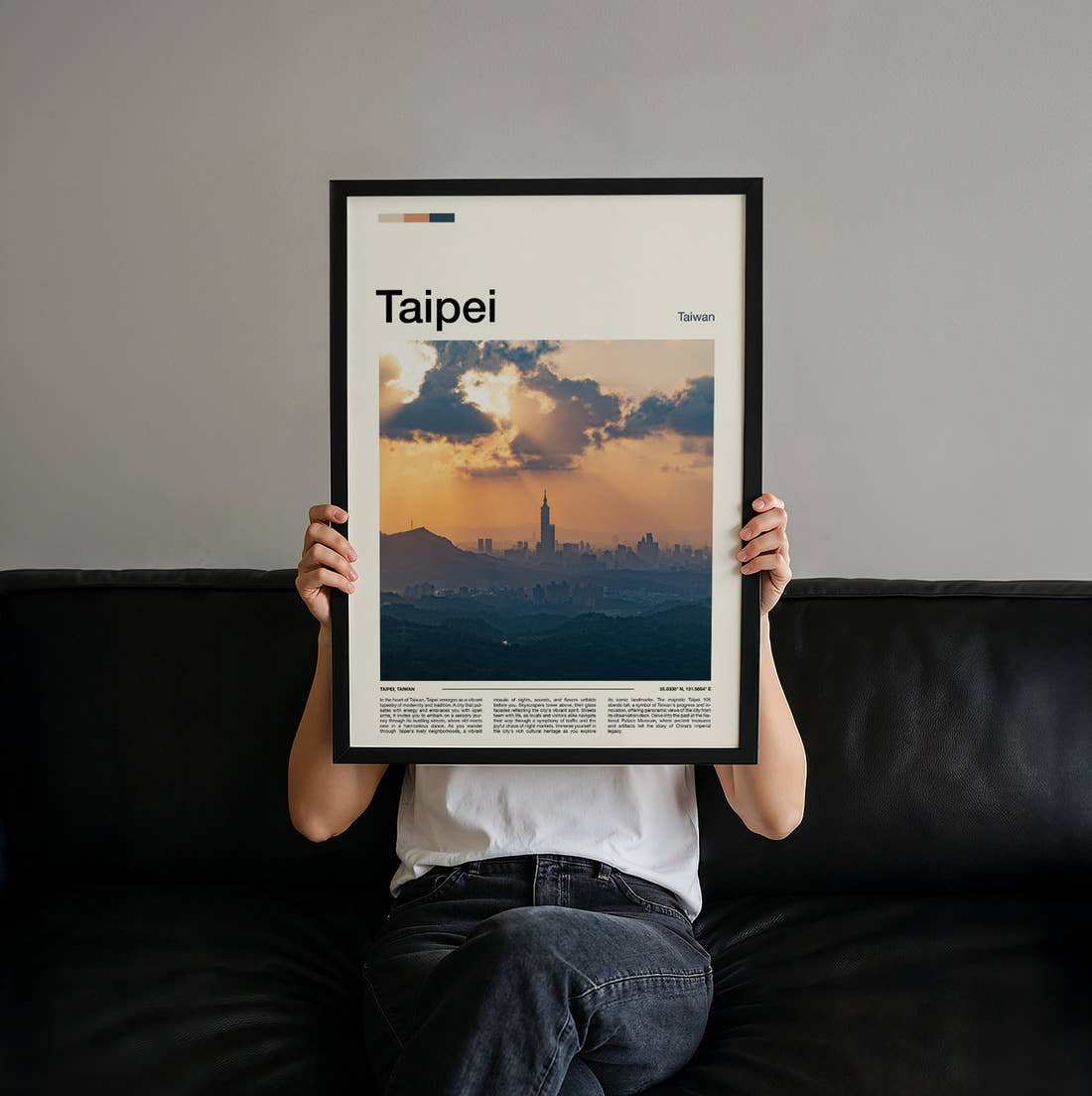 Taipei Sun Rays Over Skyline Travel Print held up by hand to show the size of the print