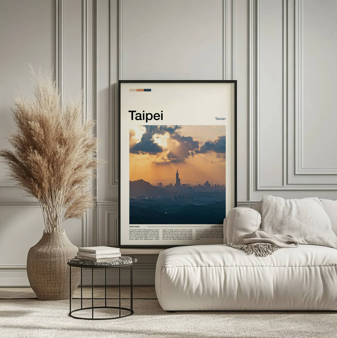 Taipei Sun Rays Over Skyline Travel Print framed on the wall of a calm, neutral bedroom