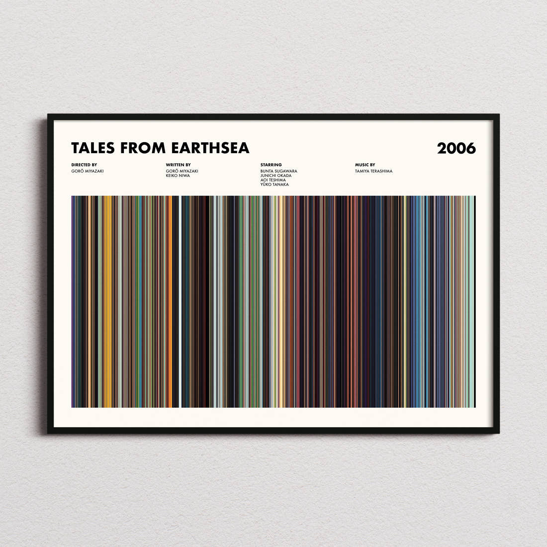 Tales From Earthsea Movie Barcode Poster framed and photographed straight on