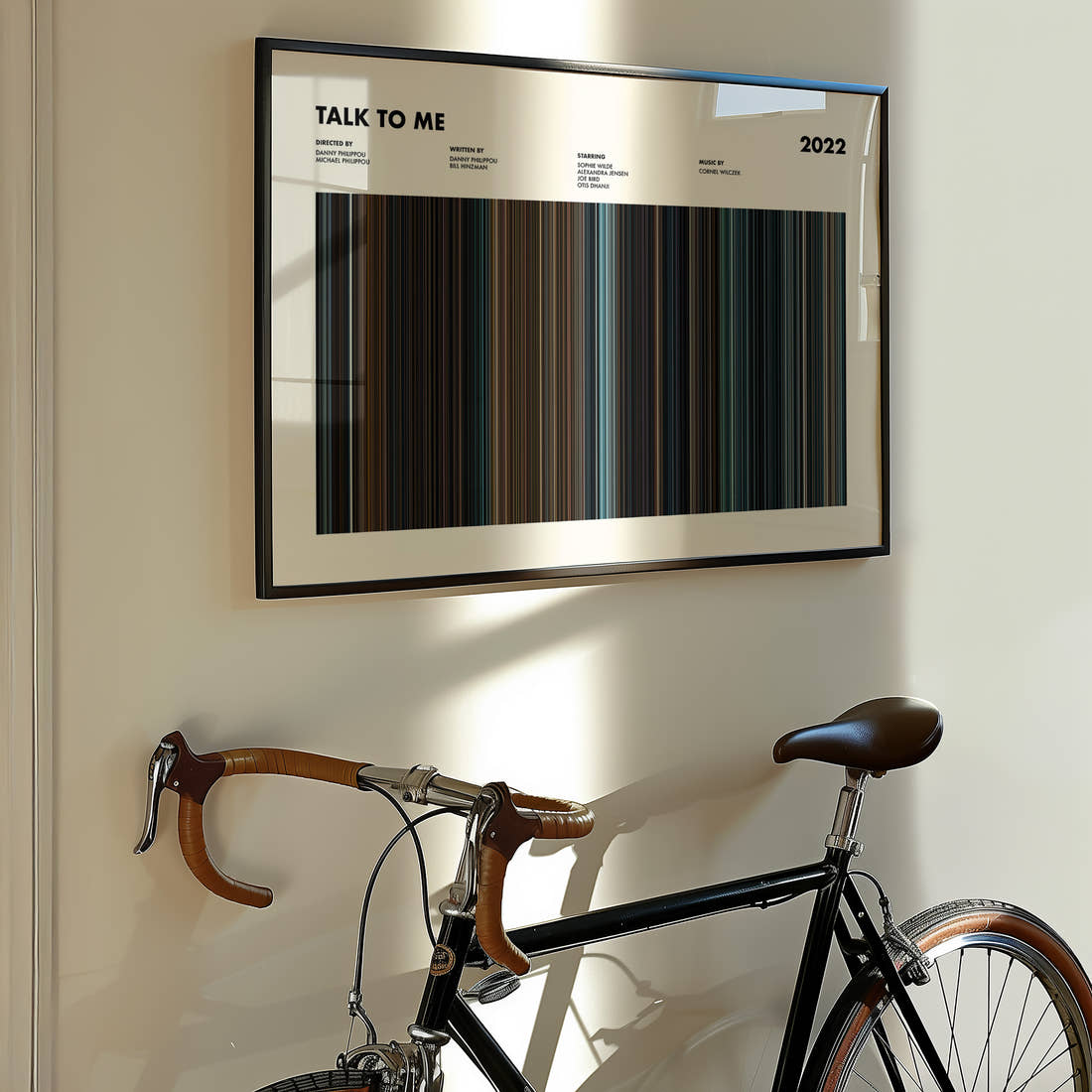 Talk To Me Movie Barcode Poster framed on the wall of a styled room setting