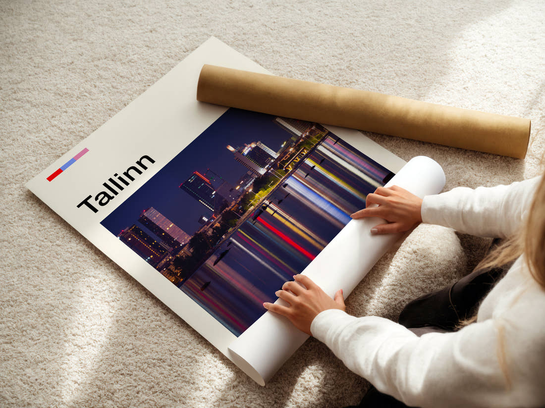 Tallinn Ferris Wheel Reflections Travel Print being unrolled from its postal tube