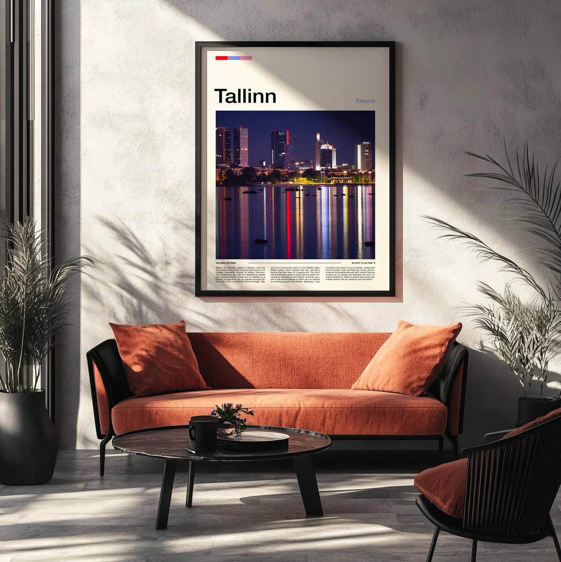 Tallinn Ferris Wheel Reflections Travel Print framed on the wall of a modern living room