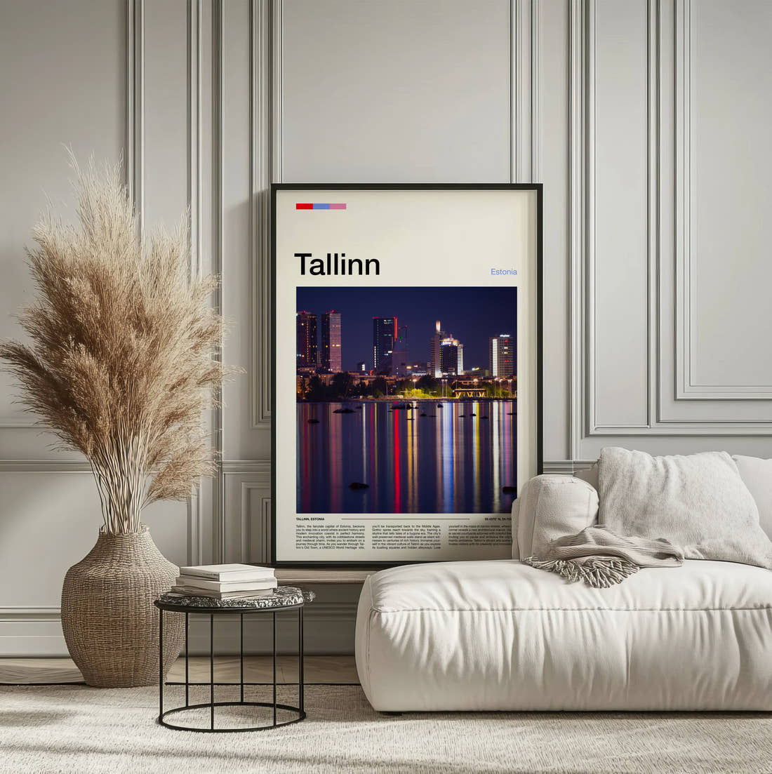 Tallinn Ferris Wheel Reflections Travel Print framed on the wall of a calm, neutral bedroom