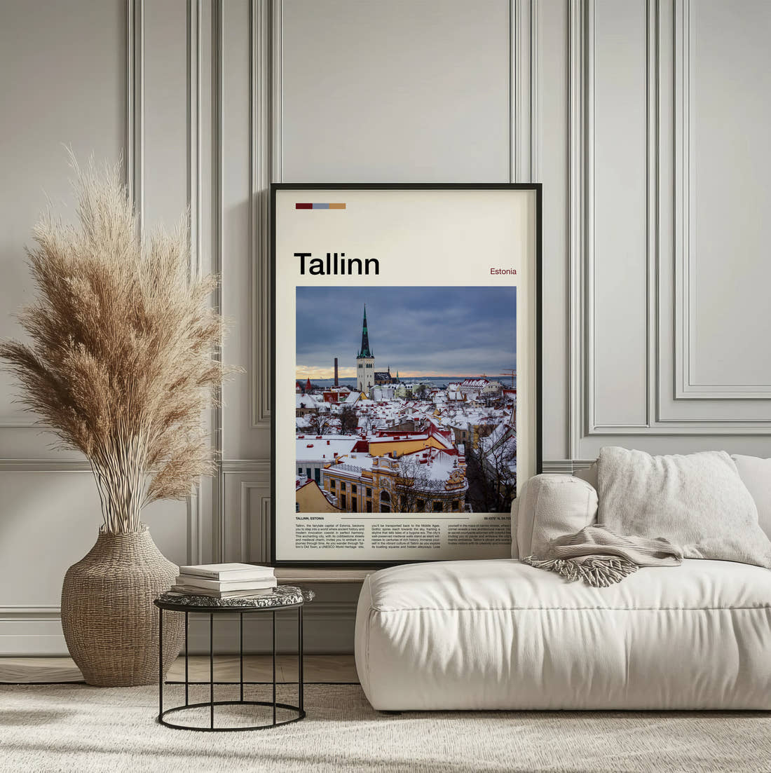 Tallinn Snowy Old Town Travel Print framed on the wall of a calm, neutral bedroom