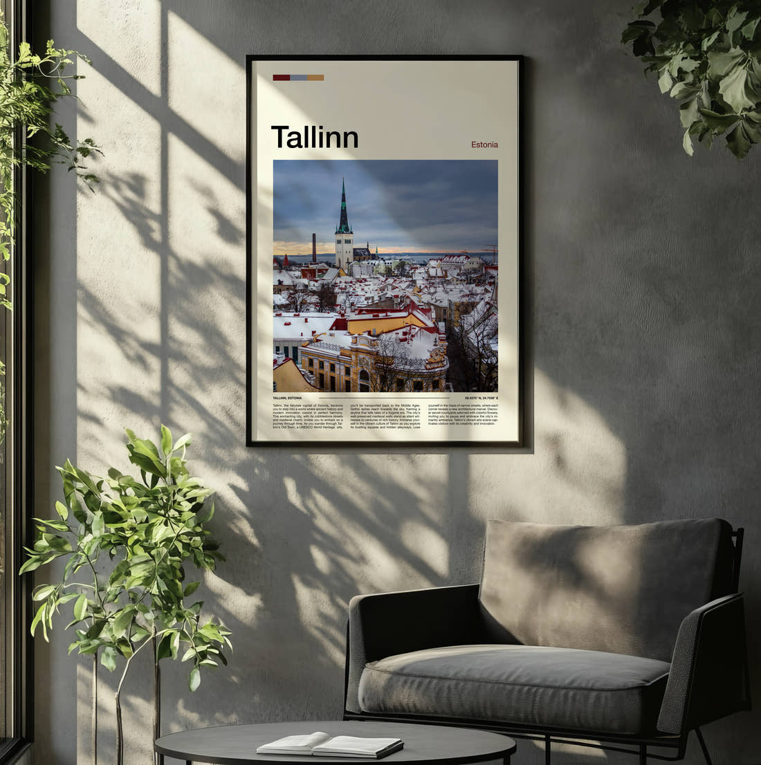 Tallinn Snowy Old Town Travel Print framed on the wall of a relaxed living room