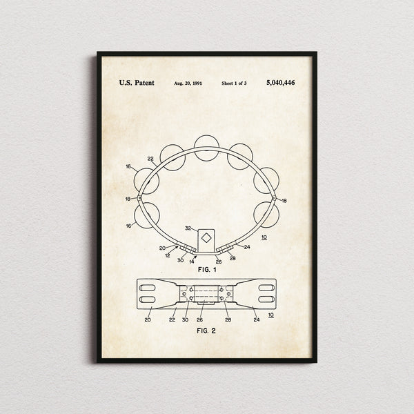 Tambourine Patent Print in the aged paper colourway, framed